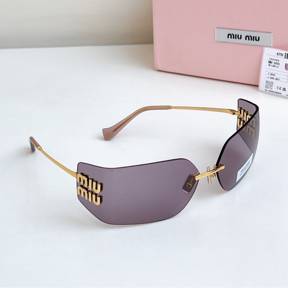 Miu Miu Gold-Trim Purple Rimless Sunglasses